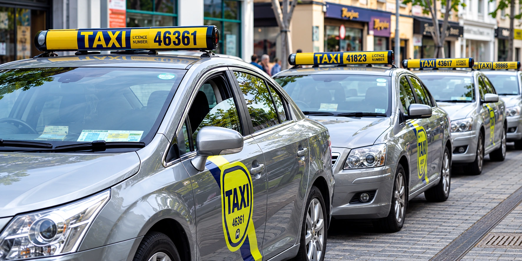A row of taxis with roof signs along a city street